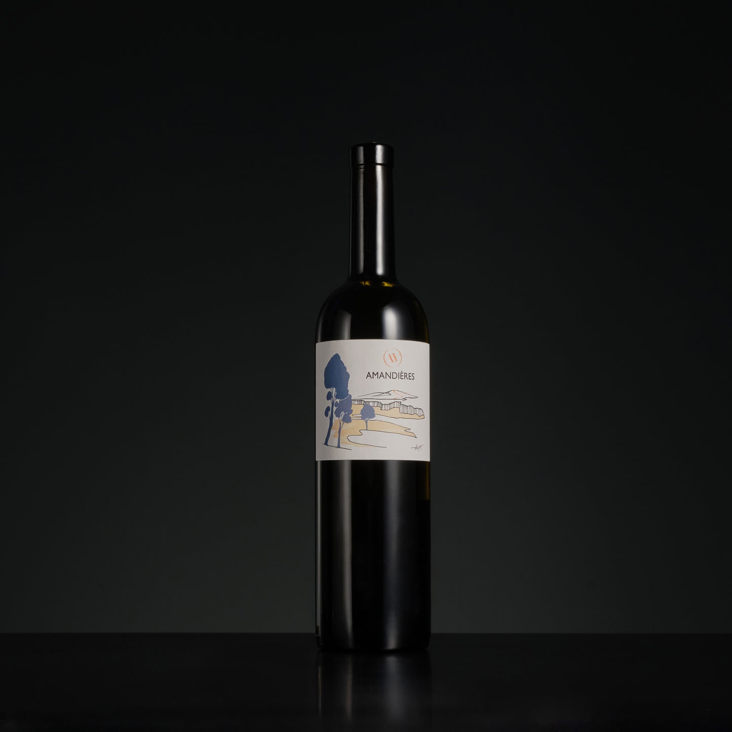 Wine bottle with a label on a black background