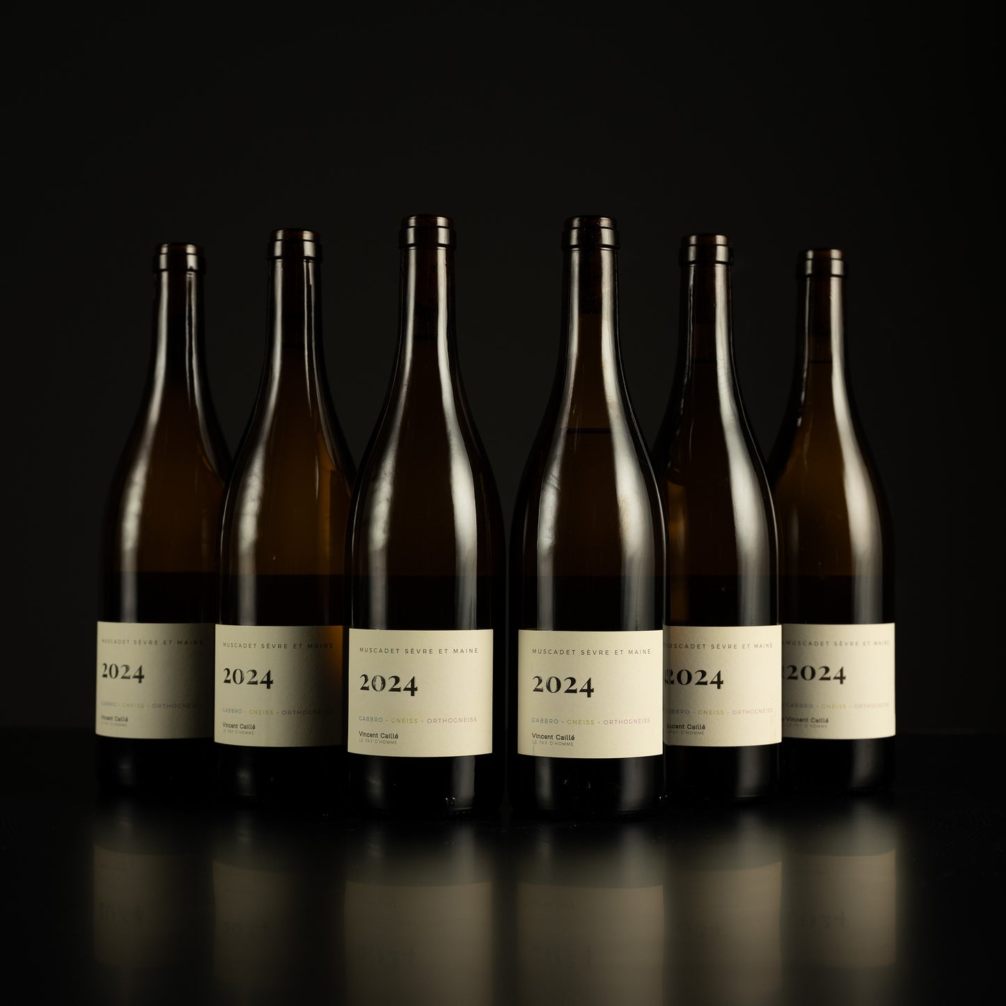 Seven bottles of 2024 vintage wine on a black background