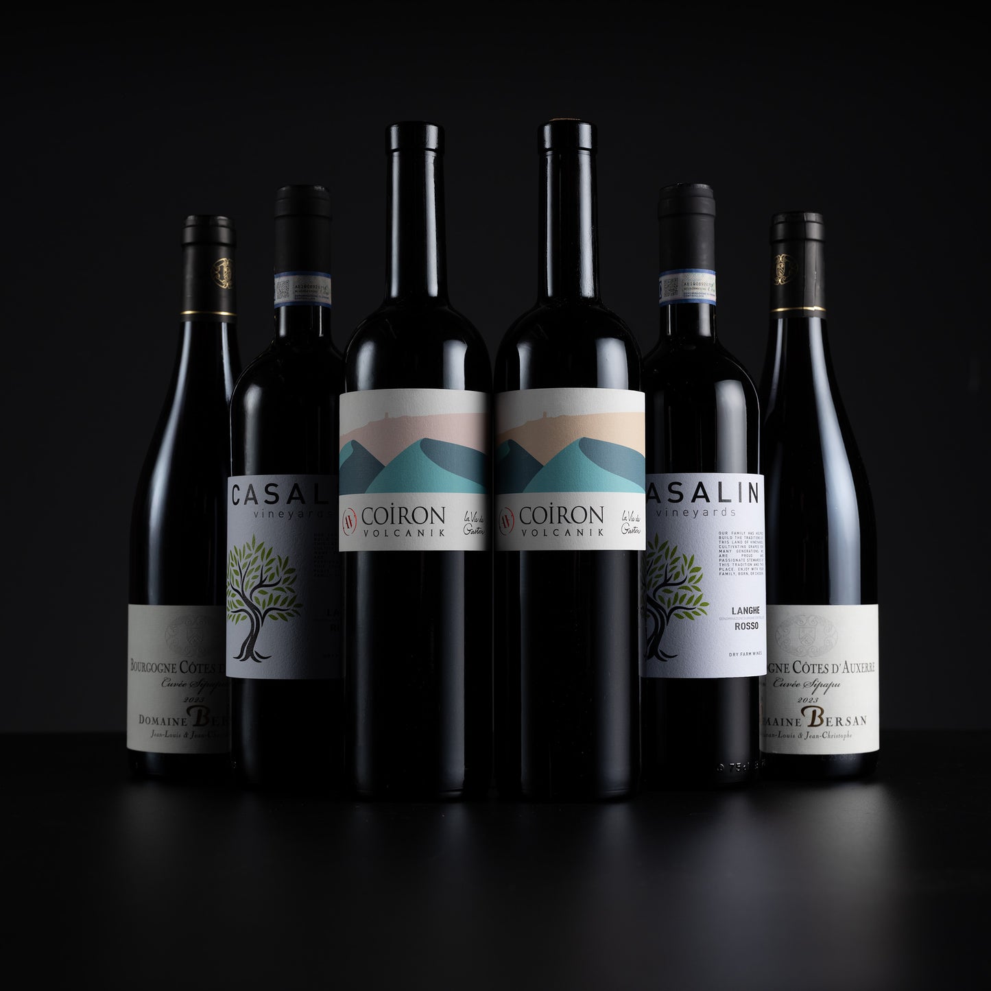 Six dark wine bottles arranged in a row against a black studio background. The center bottles have white labels with blue mountain graphics and the text 'A COIRON WINE CO'; the side bottles have white labels with green tree graphics and text including 'CASALINI' and 'BIRCHWOOD CREEK'.