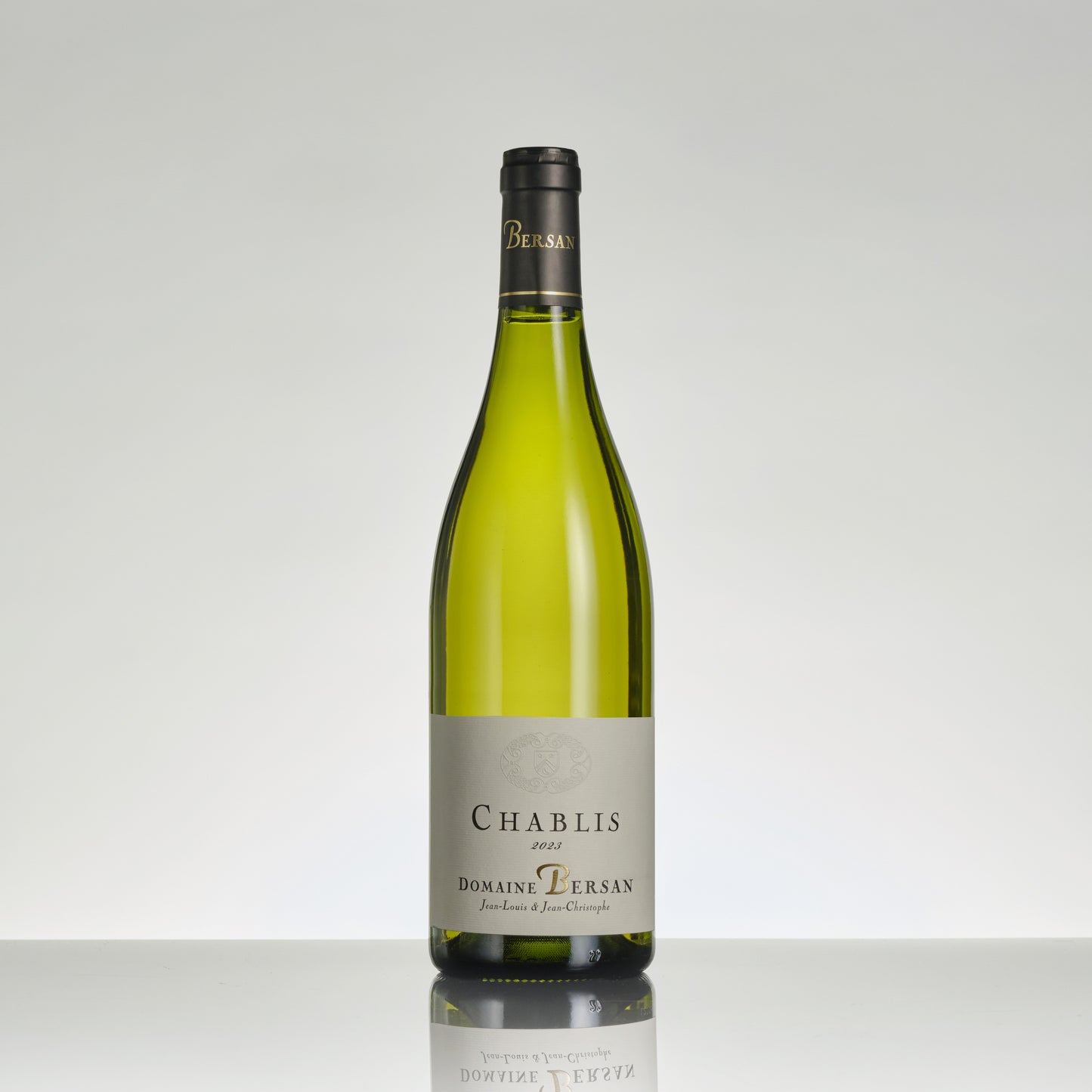 Bottle of Chablis wine from Domaine Lersan on a white background