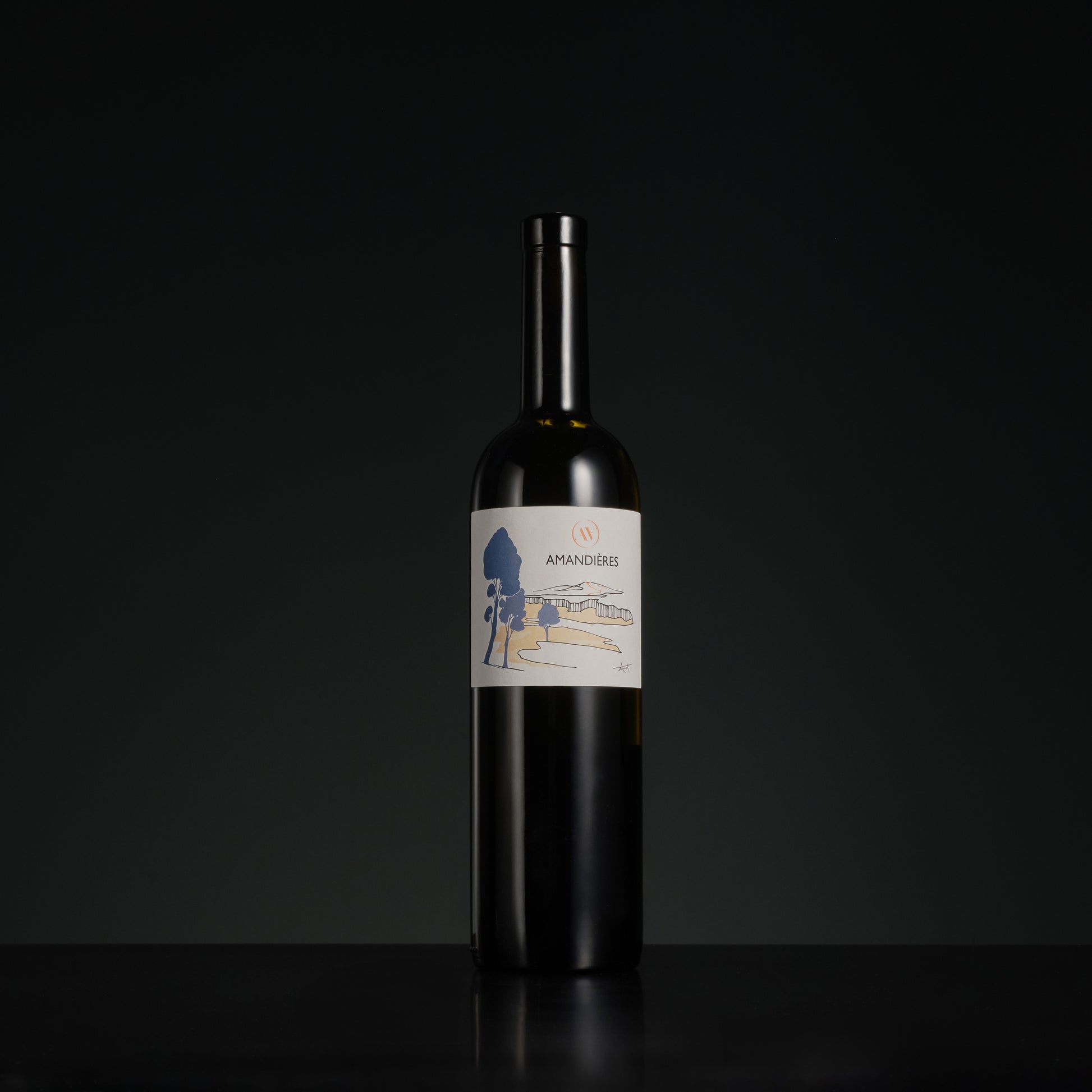 Wine bottle with a label on a black background