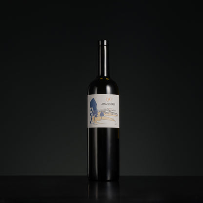 Wine bottle with a label on a black background