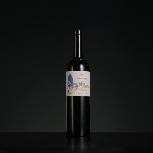 Wine bottle with a label on a black background