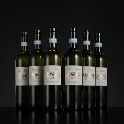 Seven bottles of Viti Loria wine arranged in a row on a black background