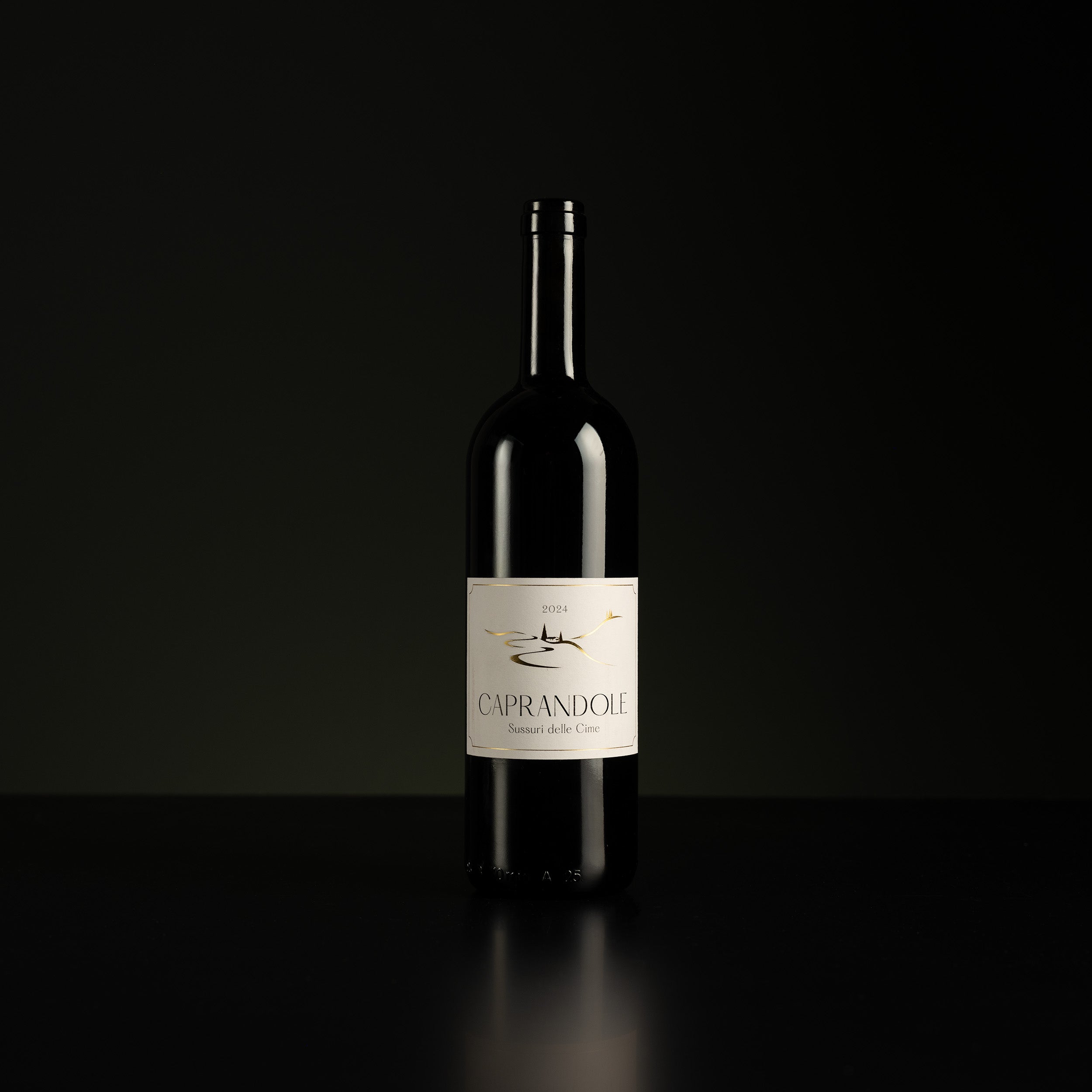 Wine bottle with 'Caprandole' label on a black background