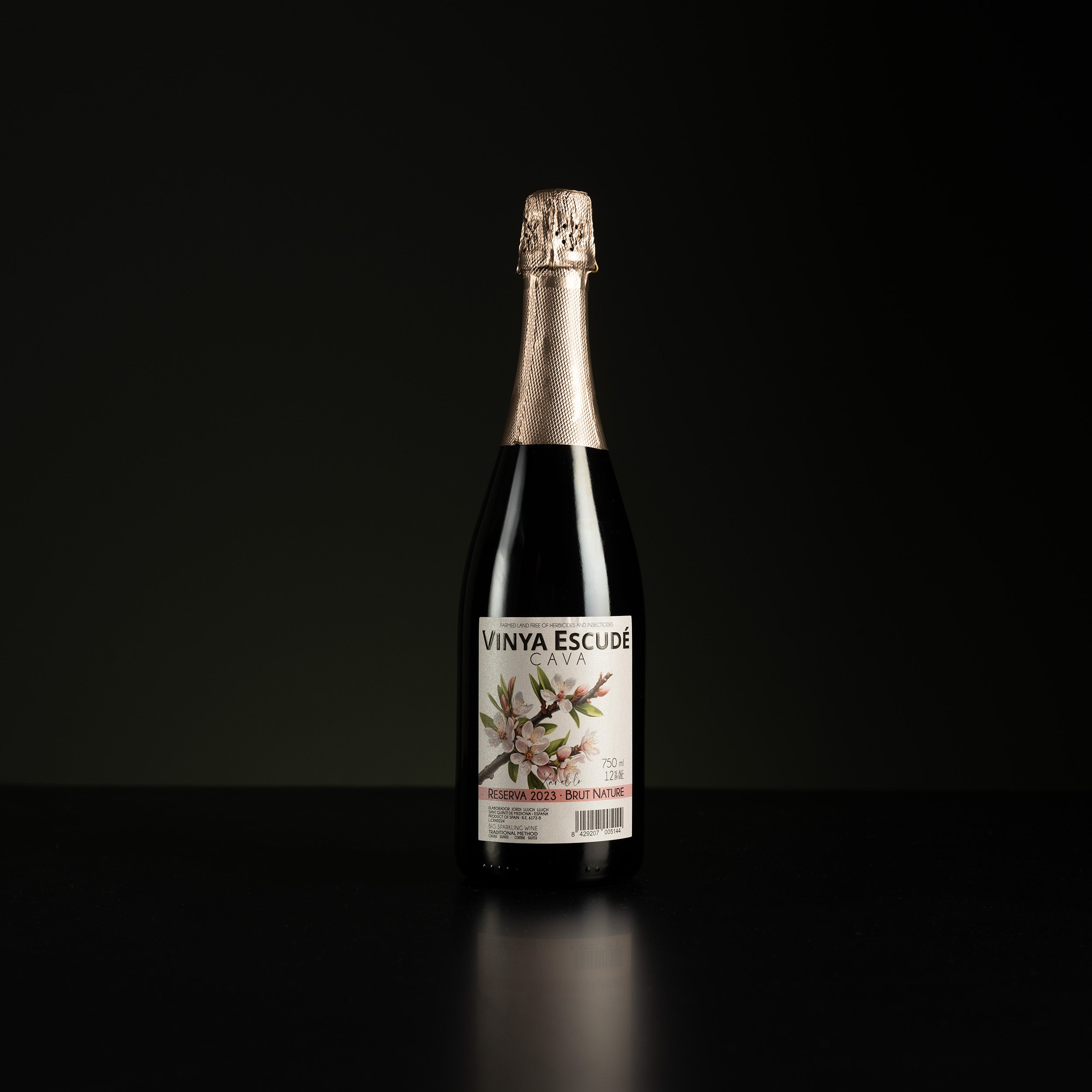 Bottle of Vinya Esclade wine on a black background