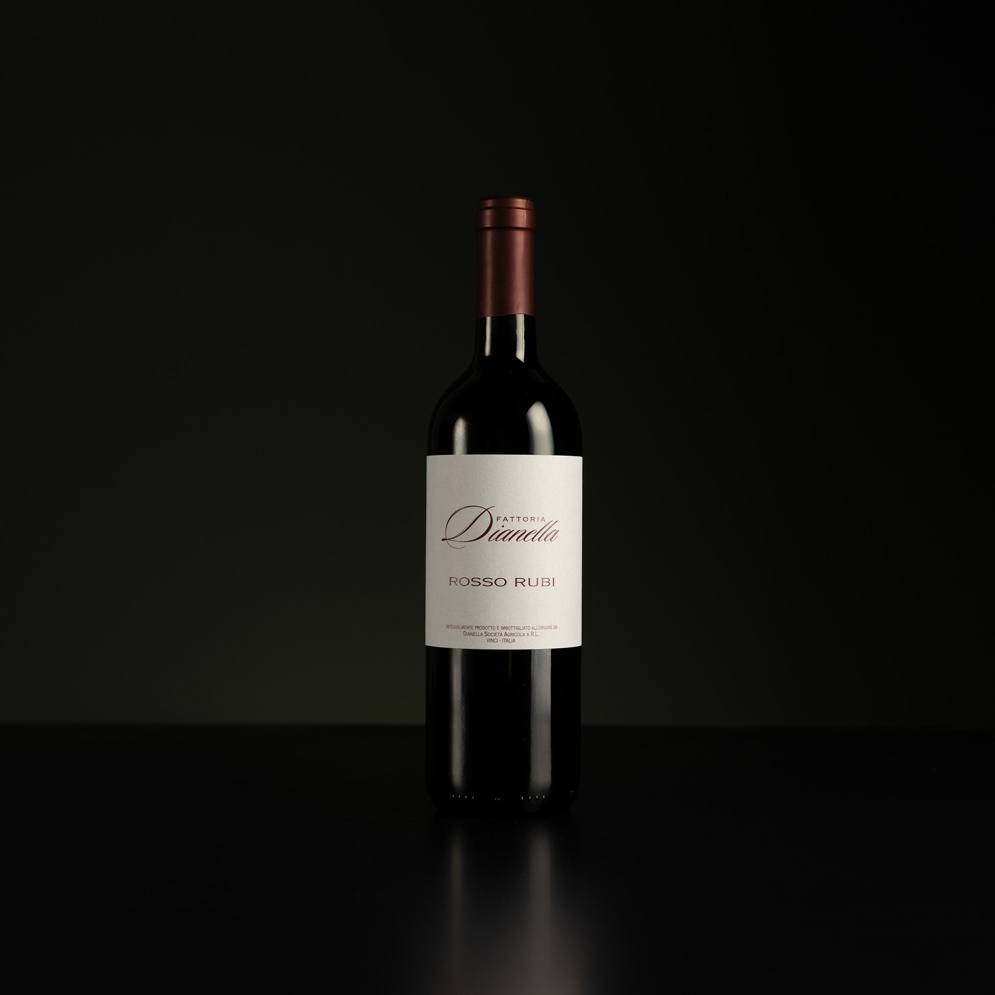 Bottle of Rosso Rubb wine from Cantina D'andria on a black background