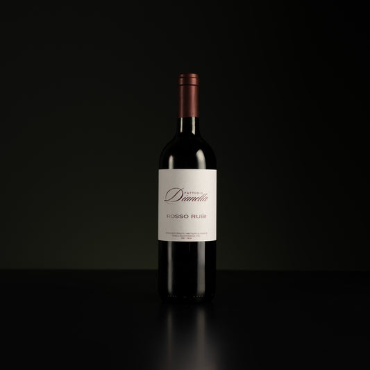 Bottle of Rosso Rubb wine from Cantina D'andria on a black background