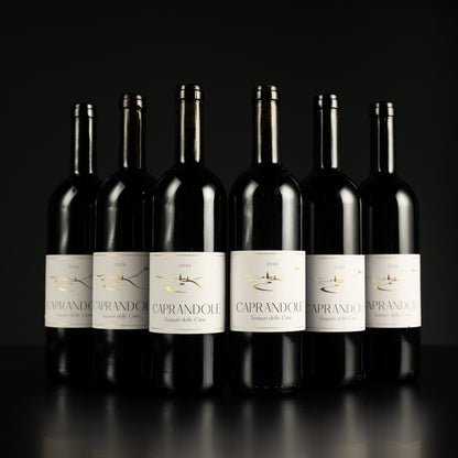 Row of Caprandole wine bottles on a black background