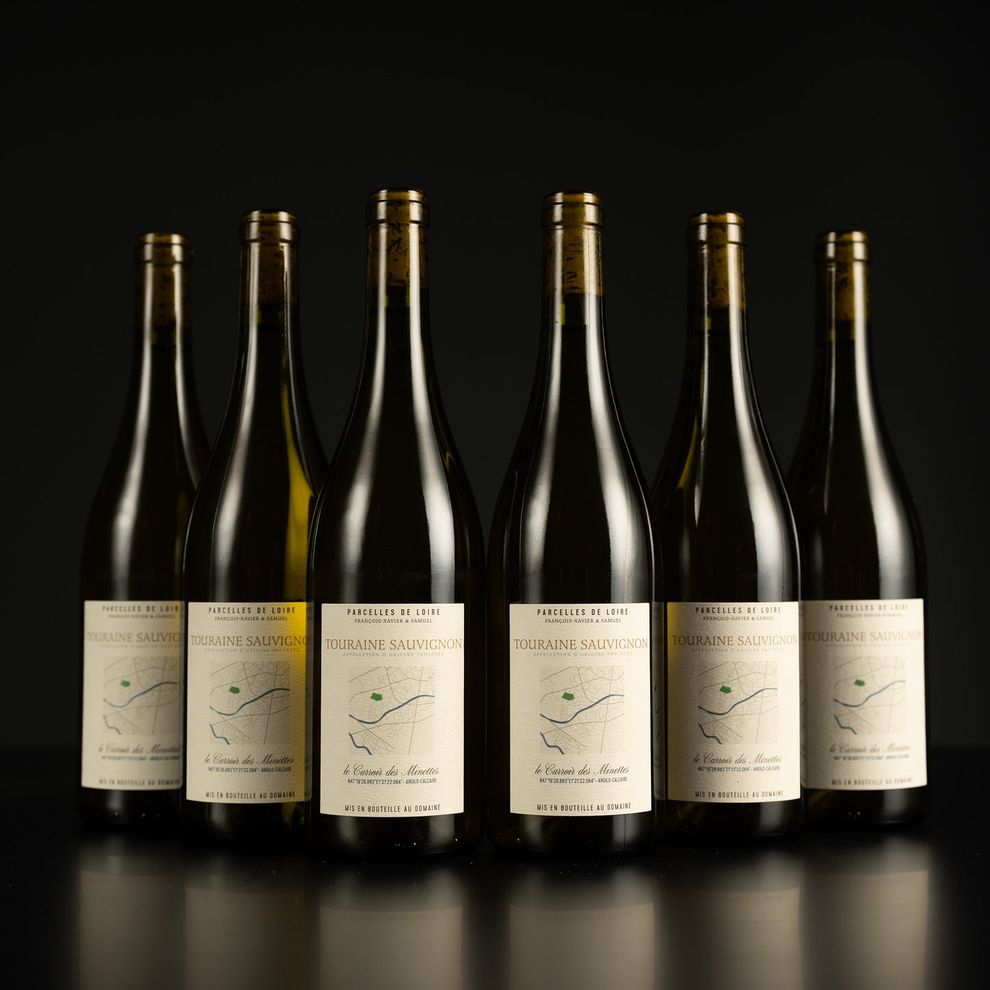 Six wine bottles with labels on a black background
