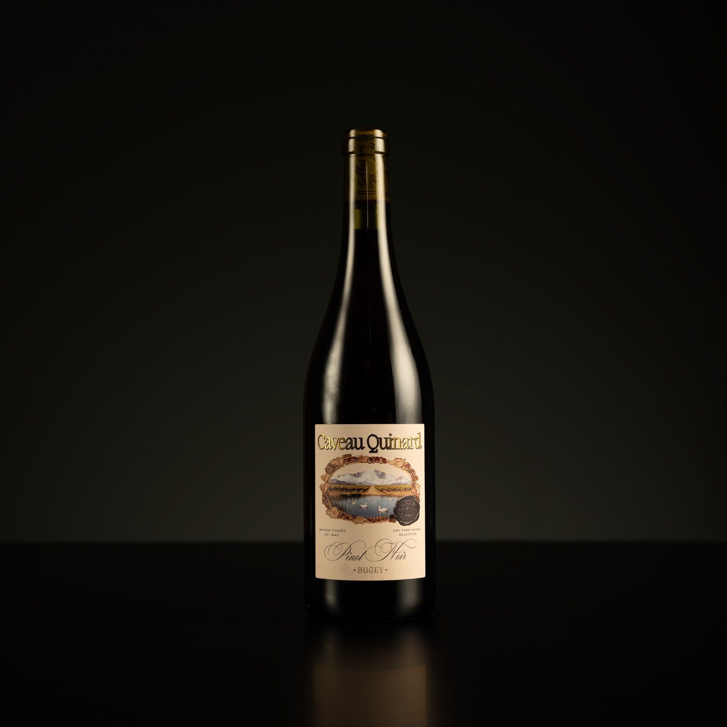 Wine bottle with a label on a black background