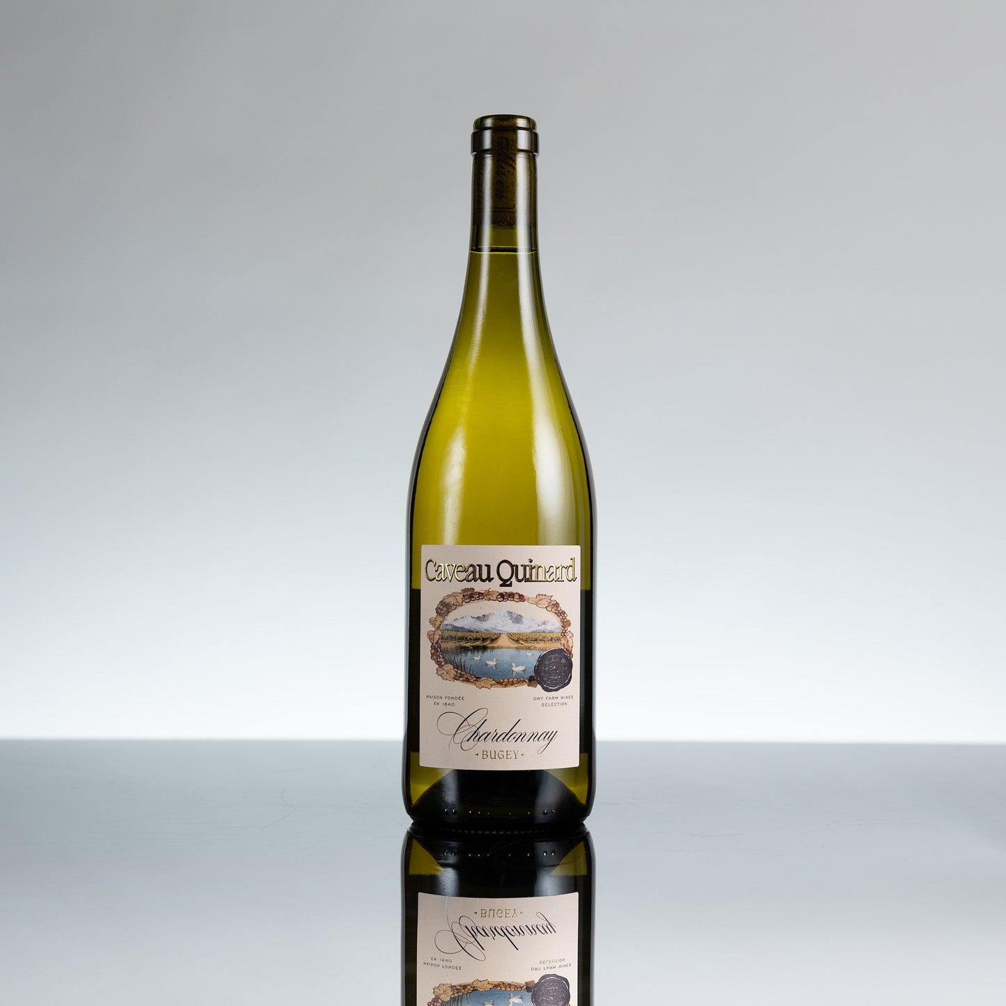 Wine bottle with a label on a reflective surface and gray background