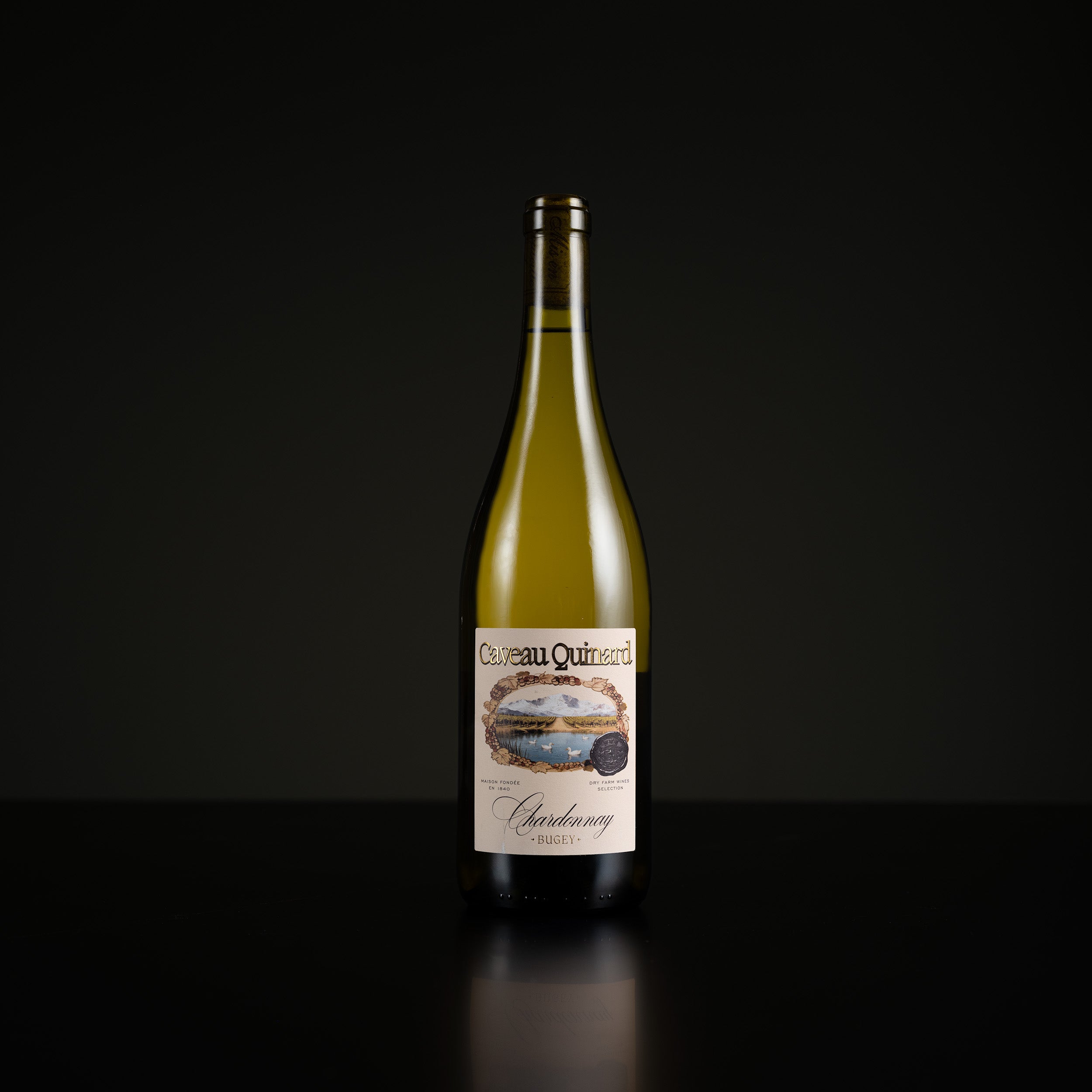 Wine bottle with a label on a black background