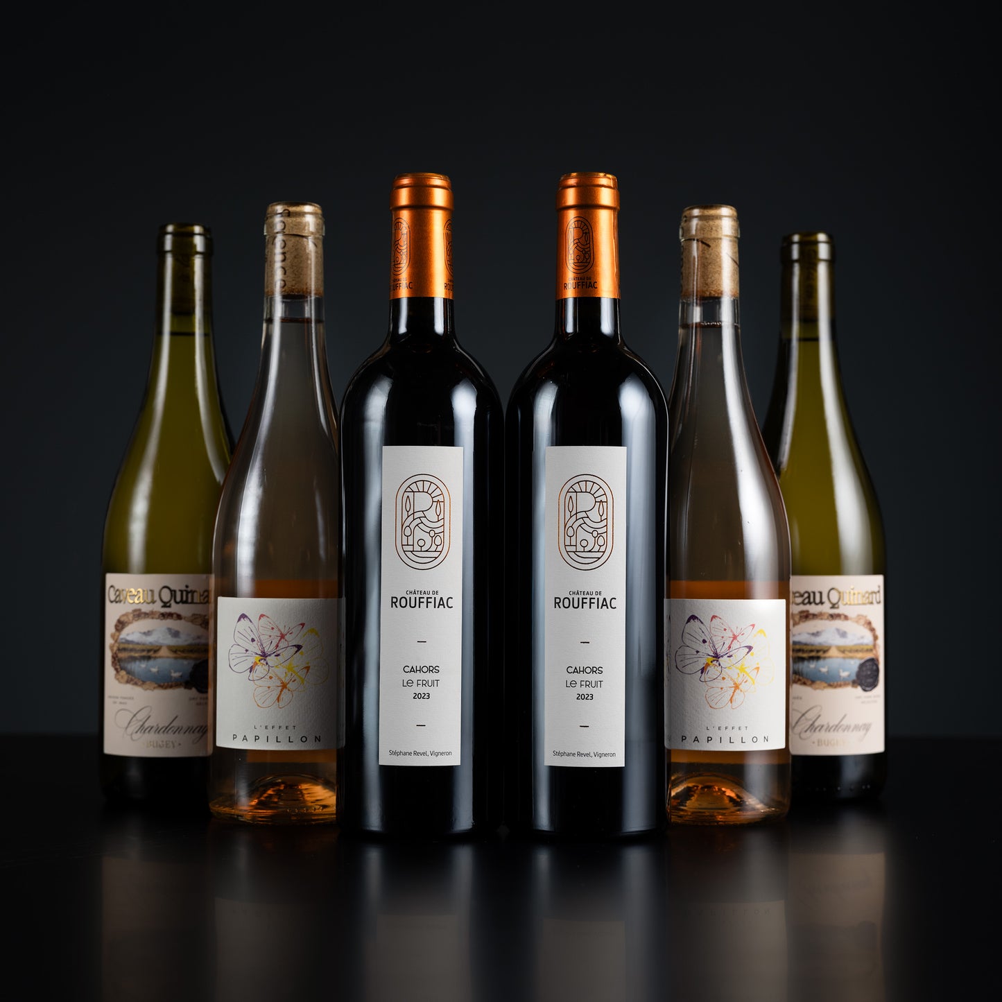 Collection of wine bottles with labels on a dark background