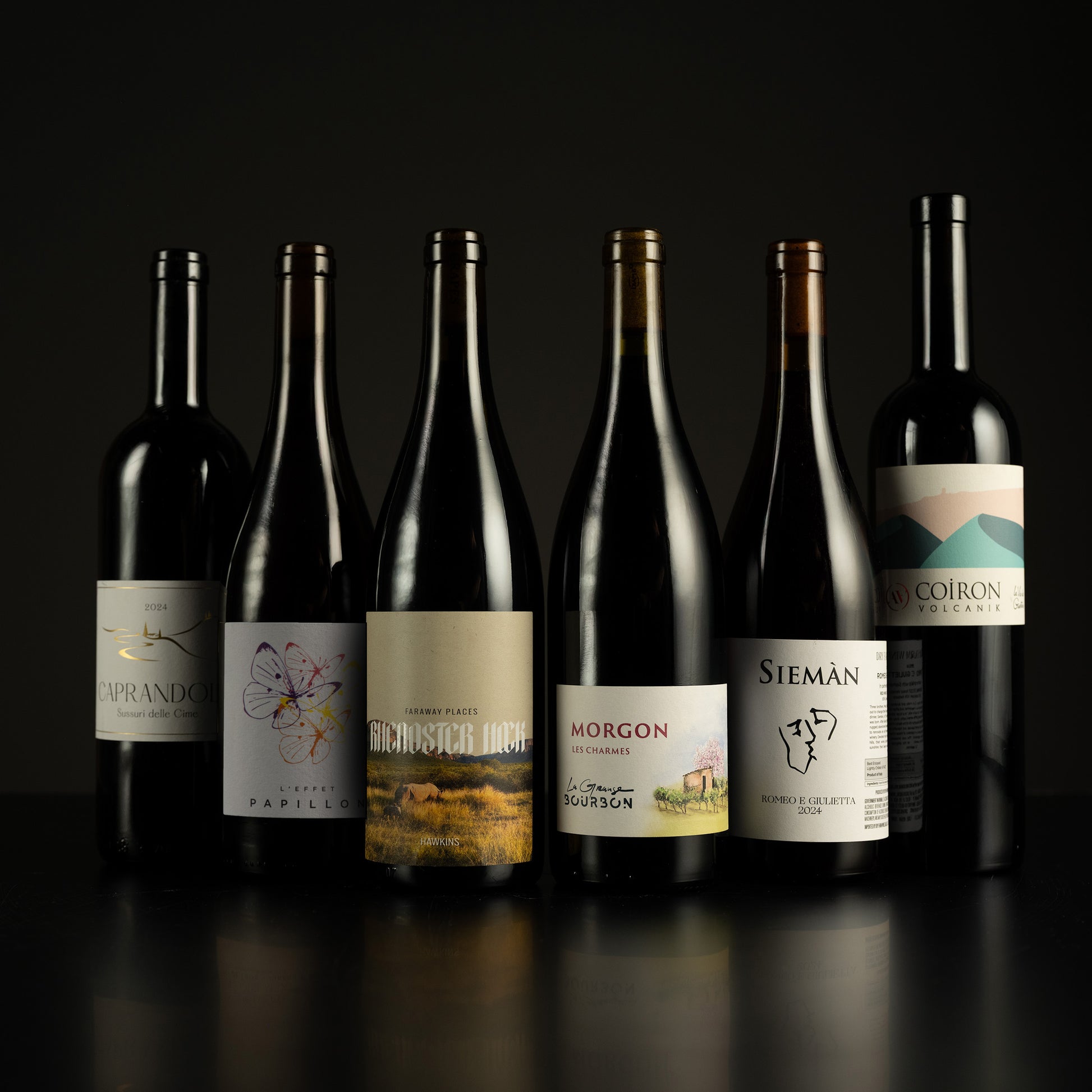Collection of wine bottles with labels on a dark background