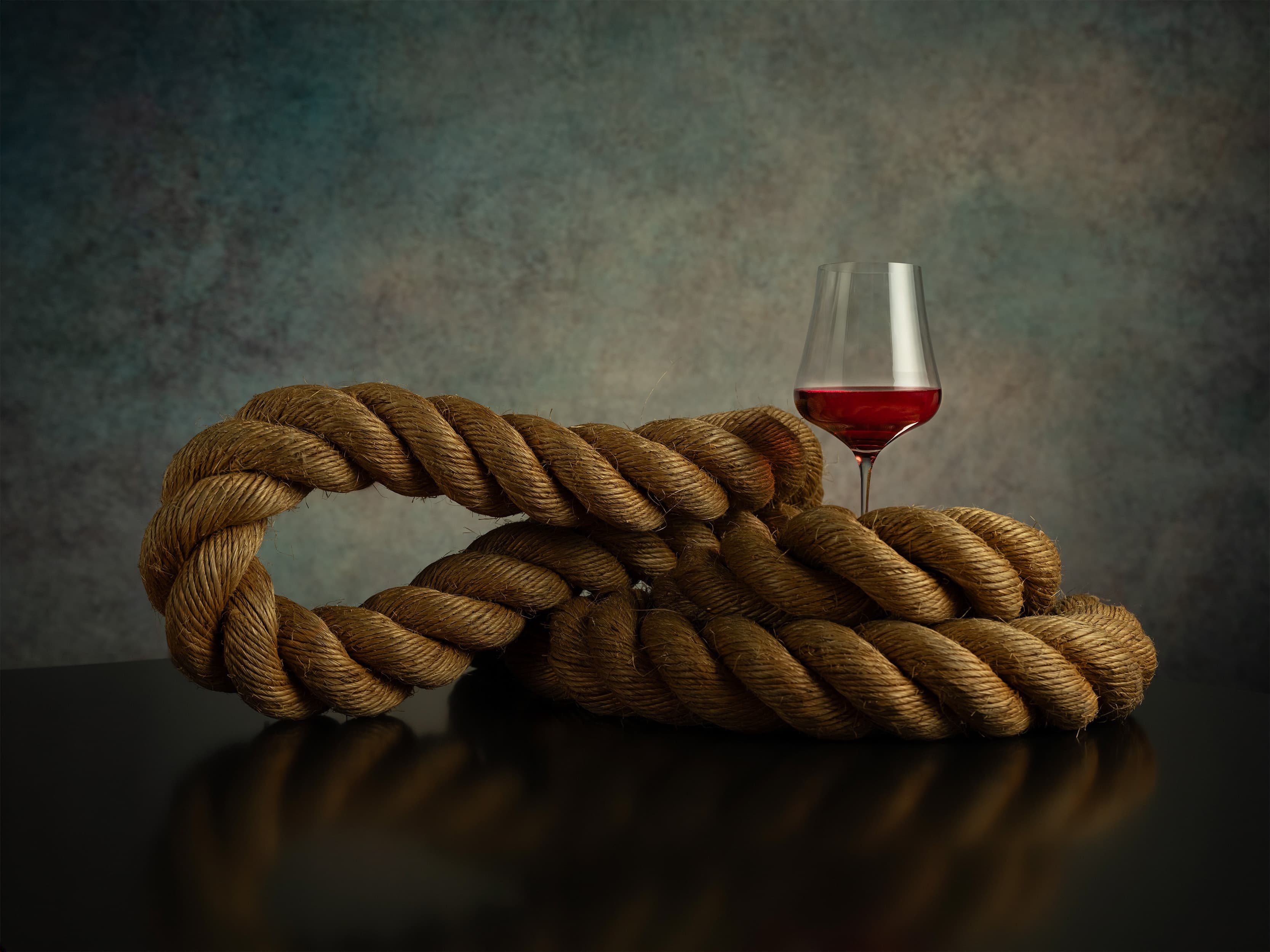 Large knotted rope with a glass of red wine on a reflective surface and dark background