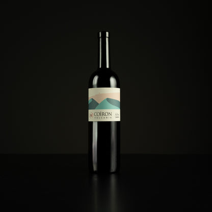 Wine bottle with a label on a black background
