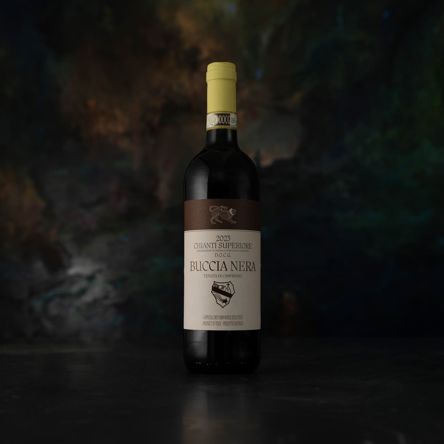Wine bottle with a label on a dark background