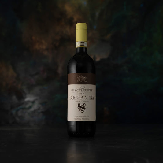 Wine bottle with a label on a dark background