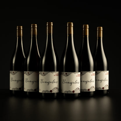 Row of Beaujolais wine bottles on a black background