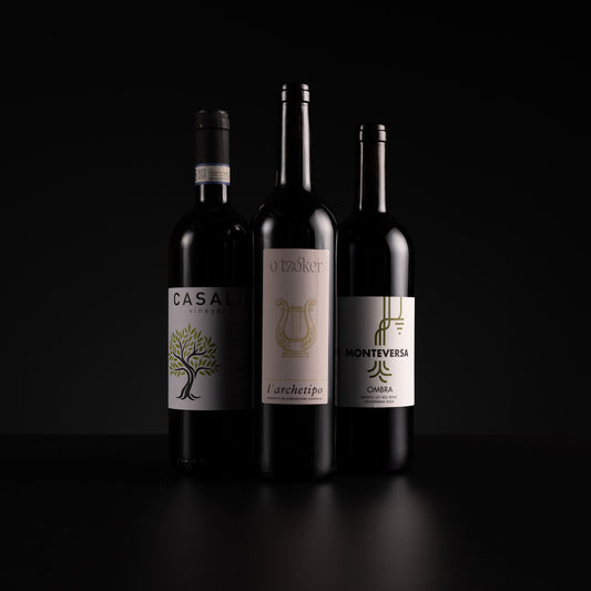 Three dark wine bottles with white labels stand against a black background. The labels show the brands Casale, L'Archetipo, and Monteverza.