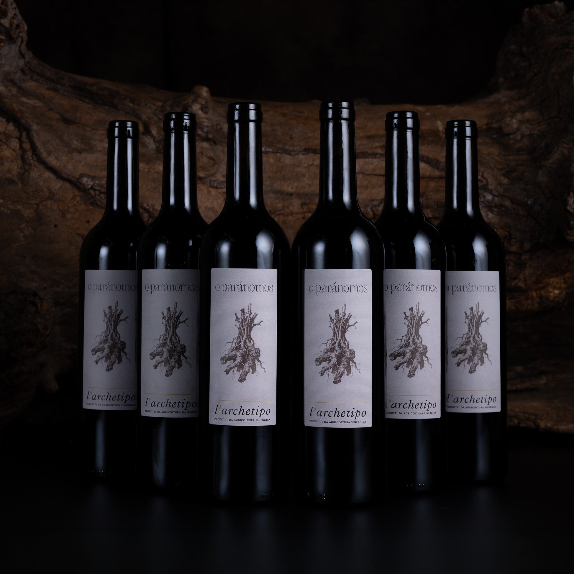 Six dark glass wine bottles with white labels featuring a tree illustration and the brand name 'L'archetipo' and varietal 'Varnicornus', arranged against a dark rustic wood background.