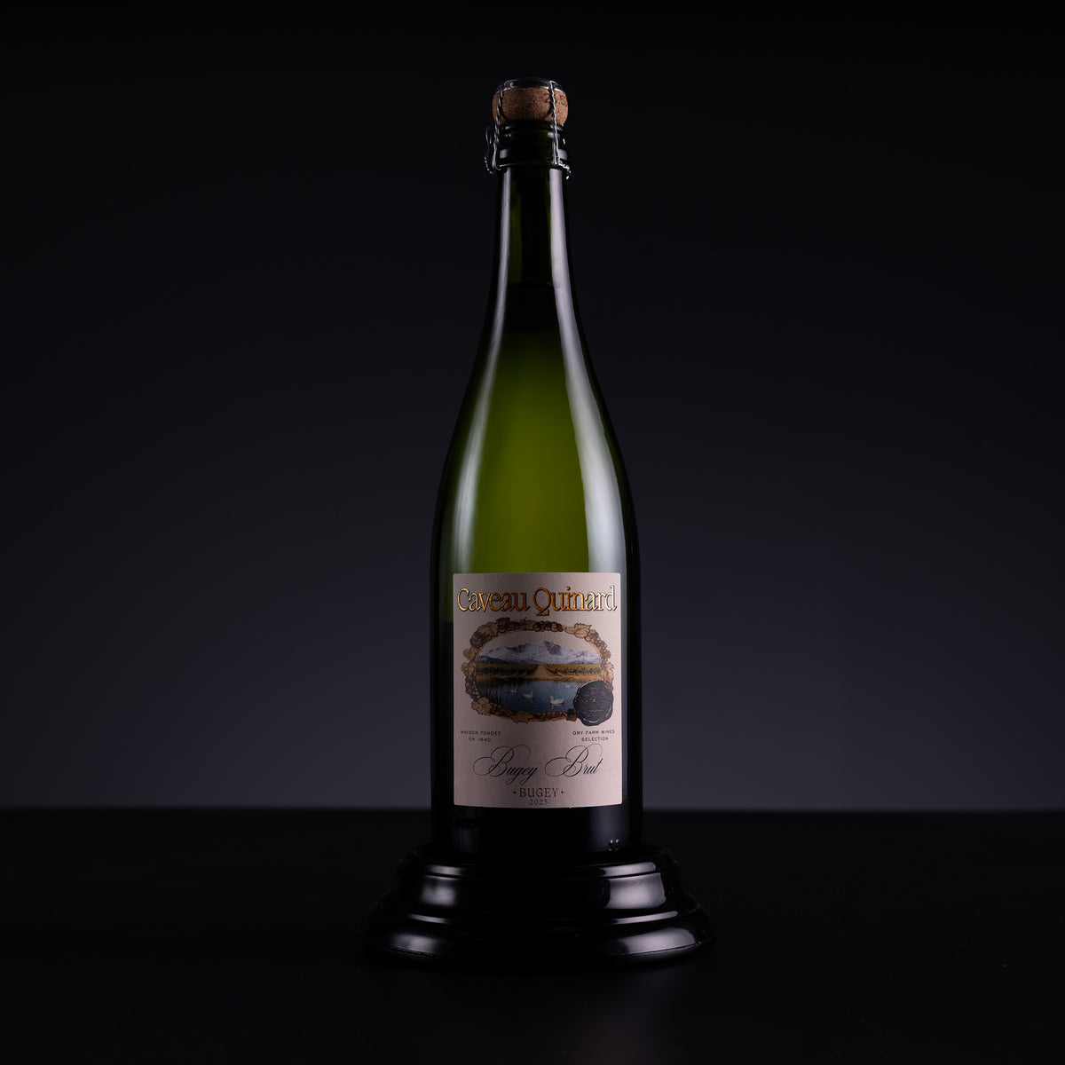 A bottle of Chateau d'Orbassianes Non-Alcoholic Sparkling Wine, displayed on a black stand against a dark studio background.