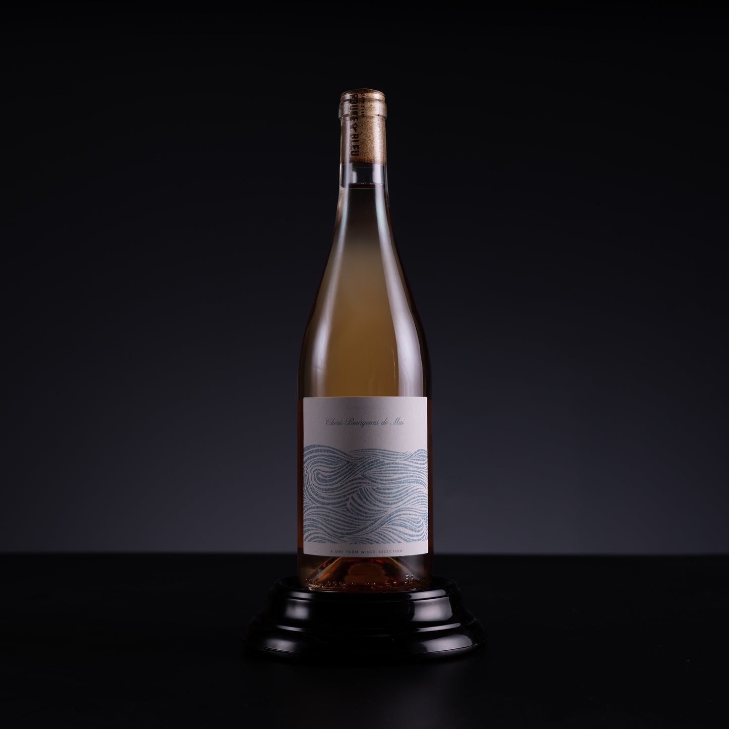 A single wine bottle with a gold cap and a white label featuring a blue wave pattern, displayed on a black stand against a dark studio background.