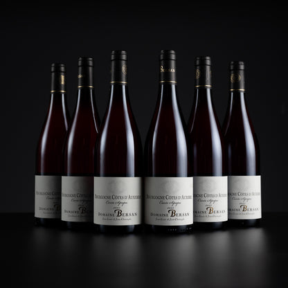 Six bottles of Domaine Bérans red wine arranged in a row against a dark studio background, with white labels and black caps.