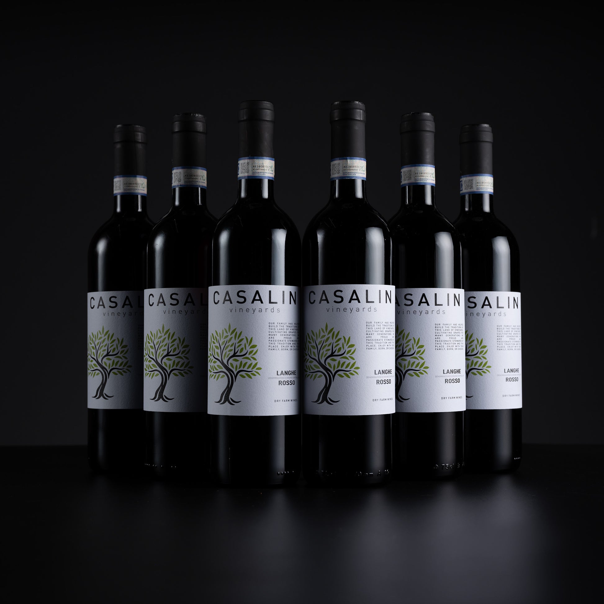 Six bottles of Casalino Vineyards red wine arranged in a row against a dark studio background. The bottles are dark glass with black caps and white labels featuring a green tree logo and the brand name CASALINO VINEYARDS.