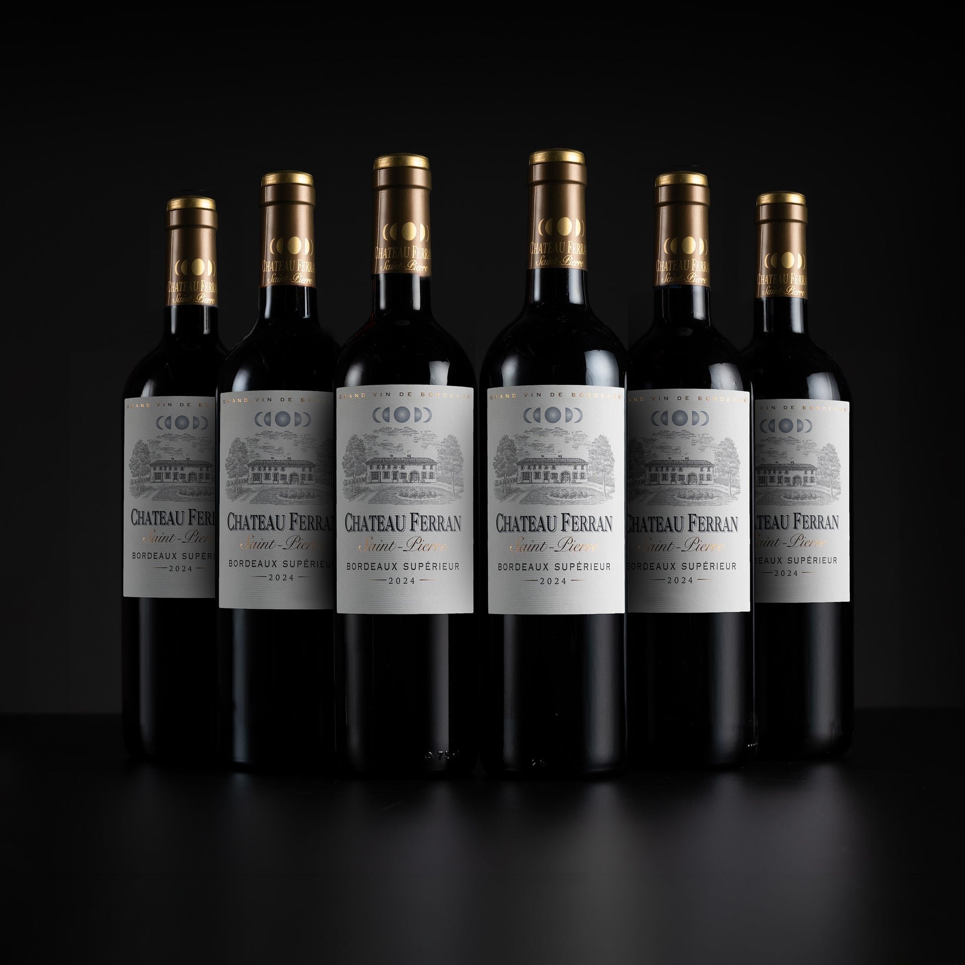 Six bottles of Château Ferran Red Label red wine arranged in a row against a black background, with gold foil caps and white labels.