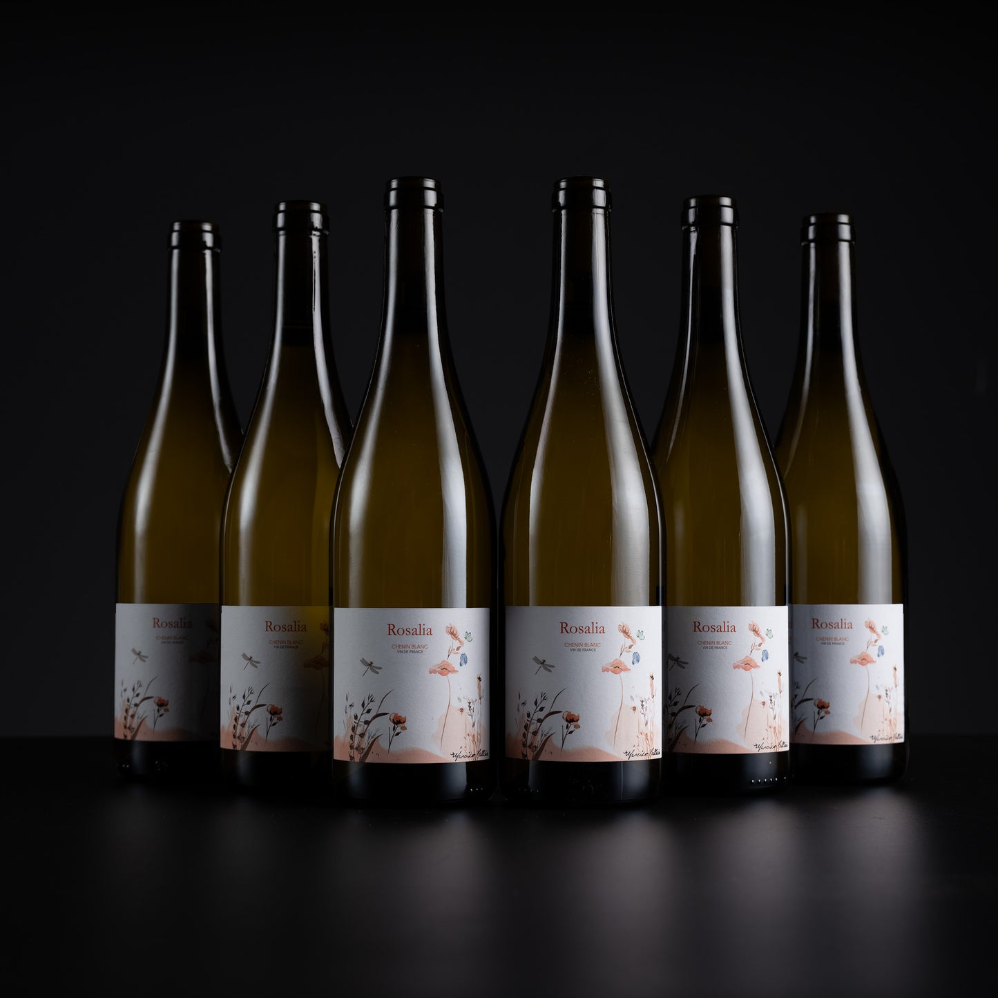 Six tall glass wine bottles with white labels featuring a delicate pink and brown floral design, arranged in a row against a dark black background.