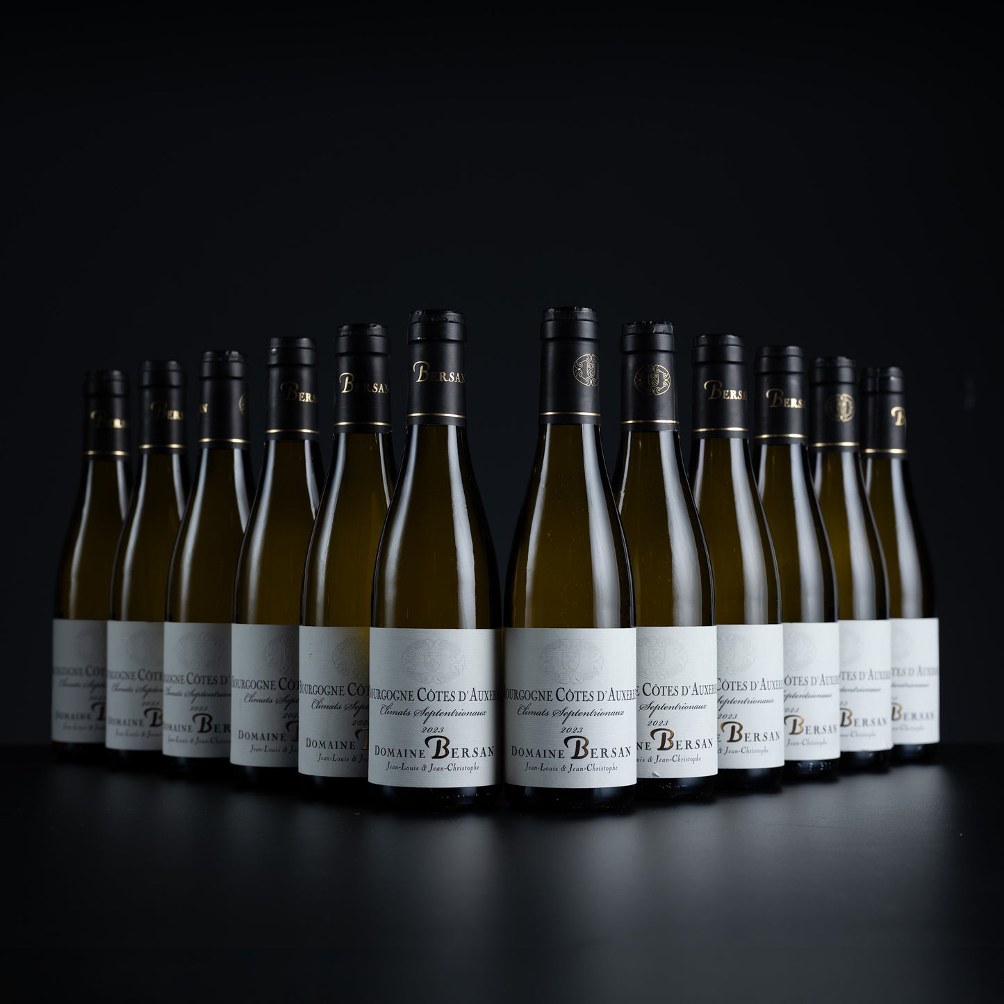 A row of Burgundy wine bottles from the brand Berlioz, arranged in a semi-circle on a dark reflective surface against a black background.
