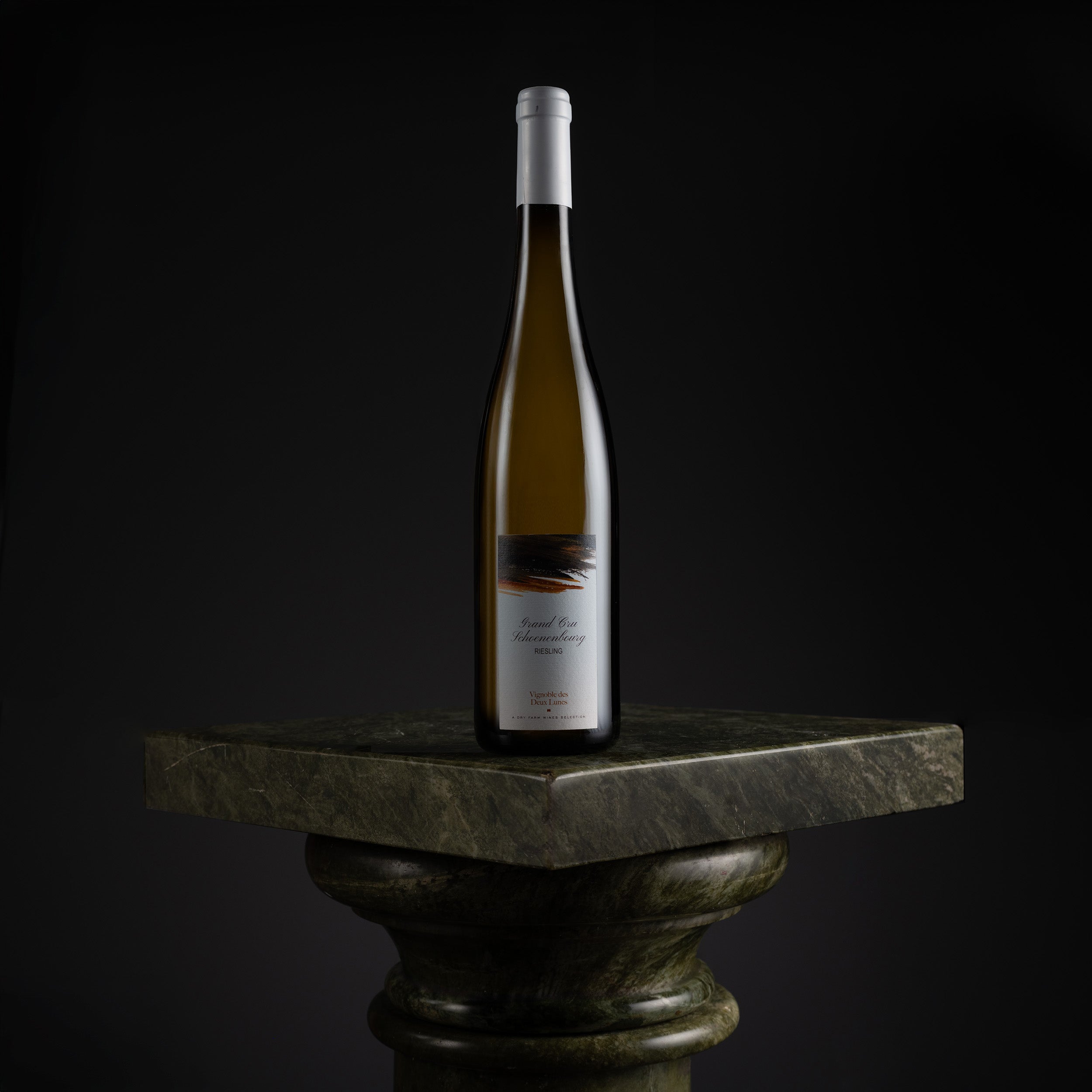 A single tall wine bottle with a white capsule and a dark label stands centered on a dark stone pedestal against a black background.