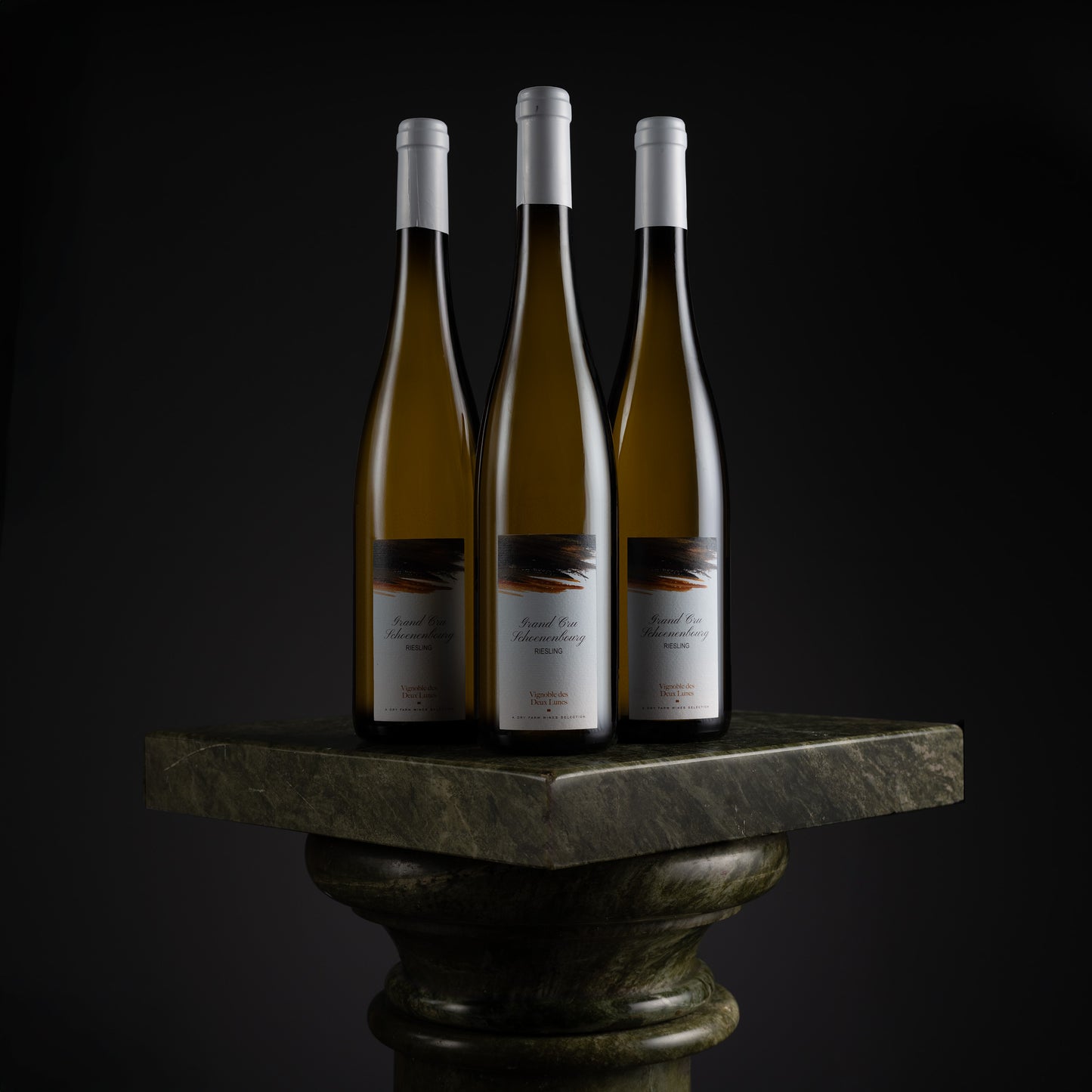 Three tall wine bottles with white capsules and white labels stand on a dark stone pedestal against a black background. The labels read 'Forest River Highlands End'.