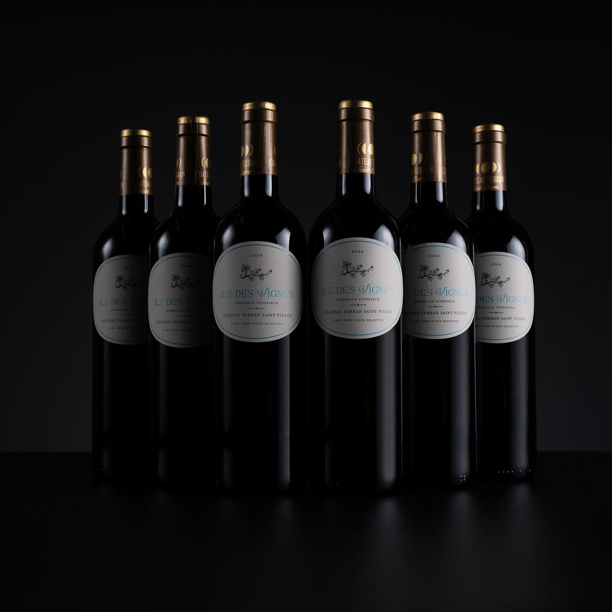 Six dark wine bottles with white labels and gold foil caps, arranged in a row against a black background. The center bottle is in sharp focus, with the others softly blurred in the background.
