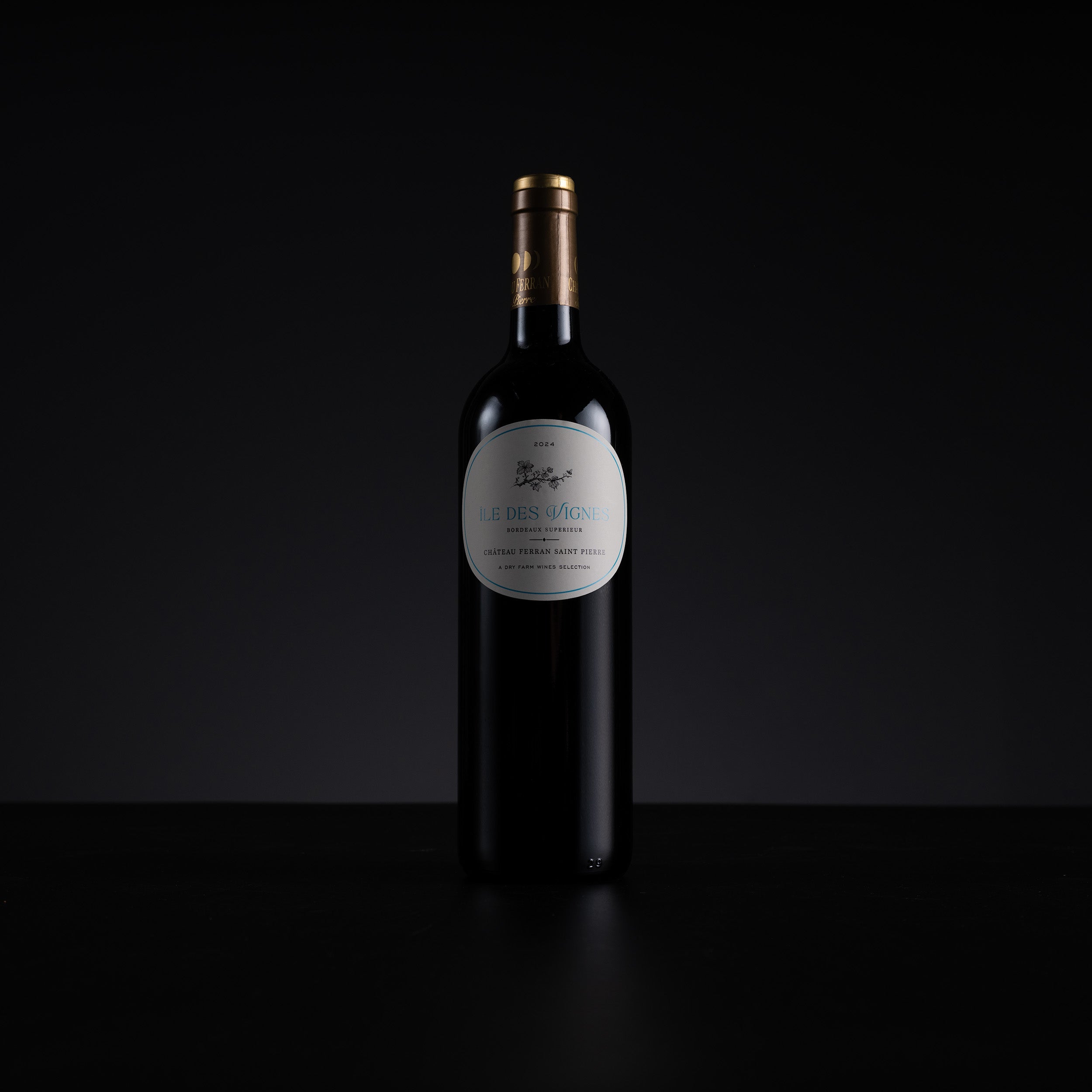 A single dark wine bottle with a gold neck wrap and a white oval label reading 'Les Russes' stands centered against a black background.