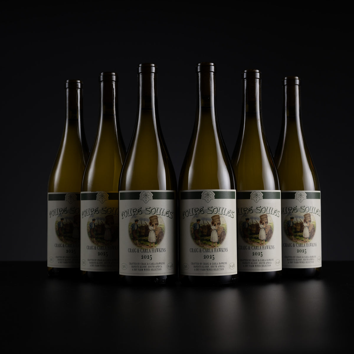 Six bottles of Rives-Soulères Chasselas et Châtain 2025 white wine arranged in a row against a dark black background.