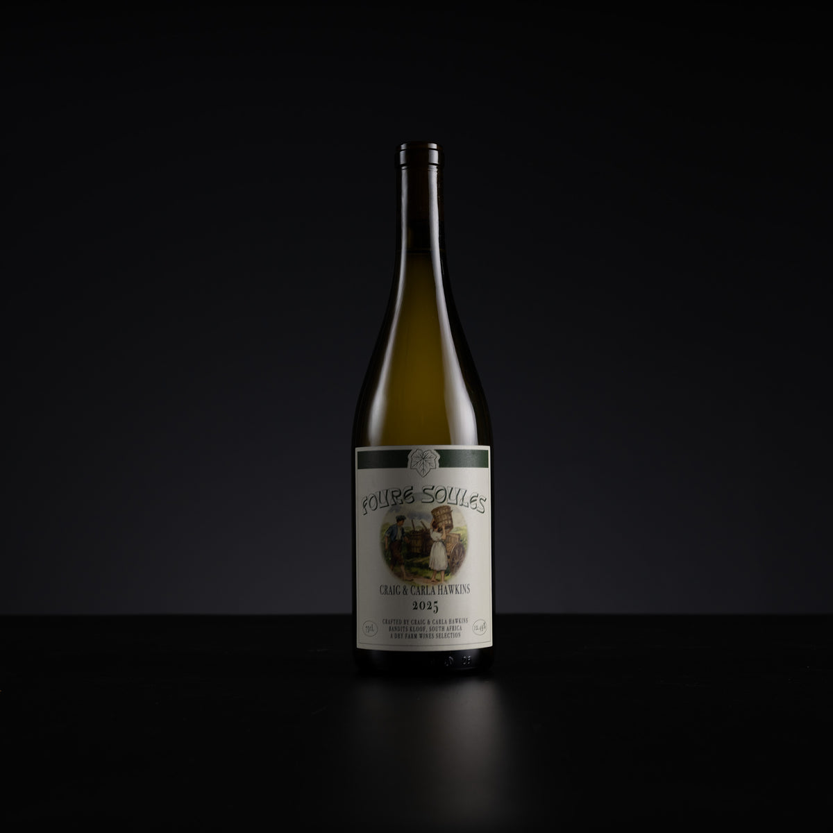 A single bottle of white wine standing upright on a dark surface against a black background. The bottle is pale green glass with a cream-colored label featuring an illustration and the text 'Rouges-Souls' and 'Cru White'.