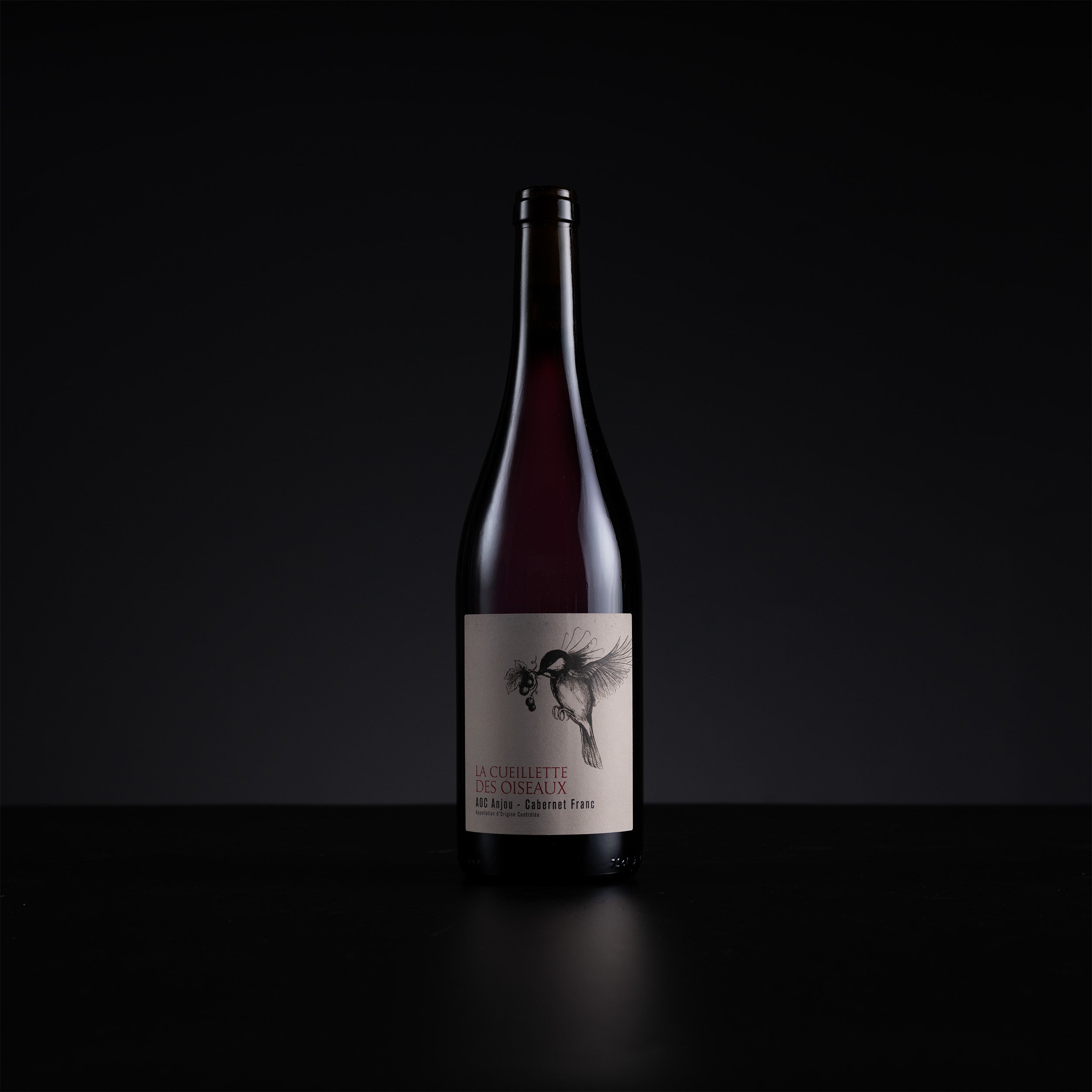 A single dark wine bottle with a cream label featuring a black illustration, standing on a dark reflective surface against a black background.