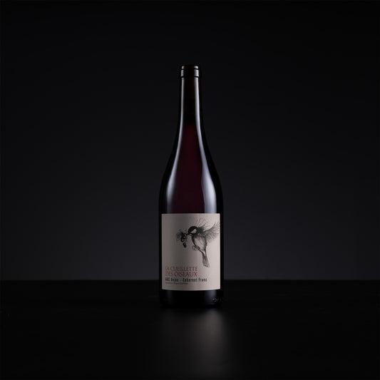 A single dark wine bottle with a cream label featuring a black illustration, standing on a dark reflective surface against a black background.