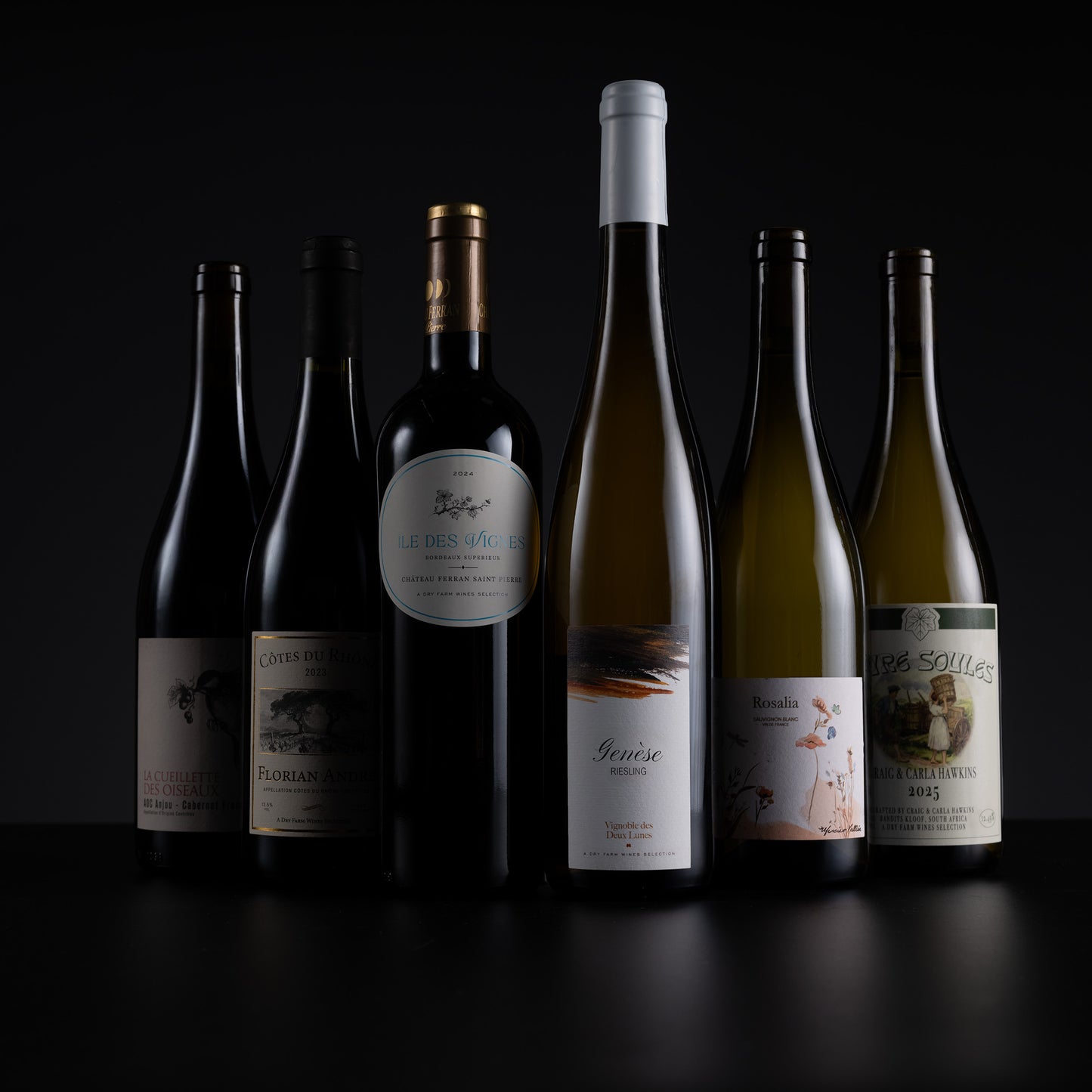 Six wine bottles arranged in a row on a dark reflective surface against a black background. The bottles include red, white, and off-white wines, with labels visible including 'Bergdolt-Reif', 'Altenmühl', 'Jörissie', and 'Los Sólures'.