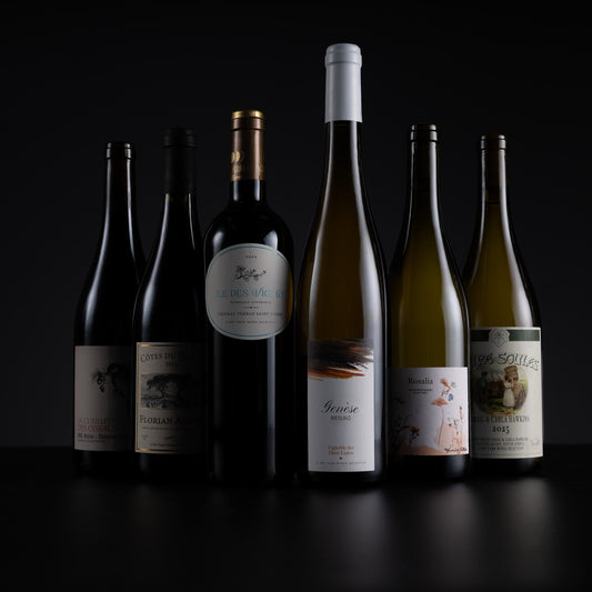 Six wine bottles arranged in a row on a dark reflective surface against a black background. The bottles include red, white, and off-white wines, with labels visible including 'Bergdolt-Reif', 'Altenmühl', 'Jörissie', and 'Los Sólures'.