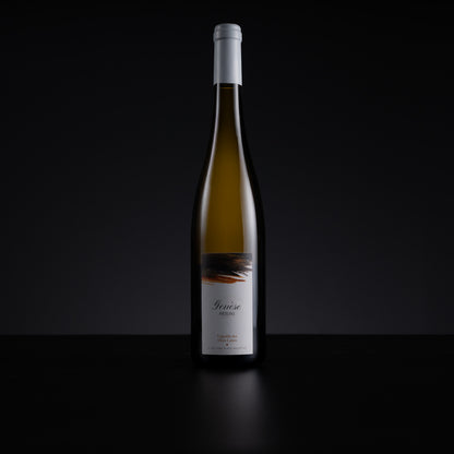 A single tall wine bottle with a white capsule and white label stands centered against a dark black background on a black surface. The bottle contains a pale golden liquid, and the label has a small abstract dark graphic near the top.