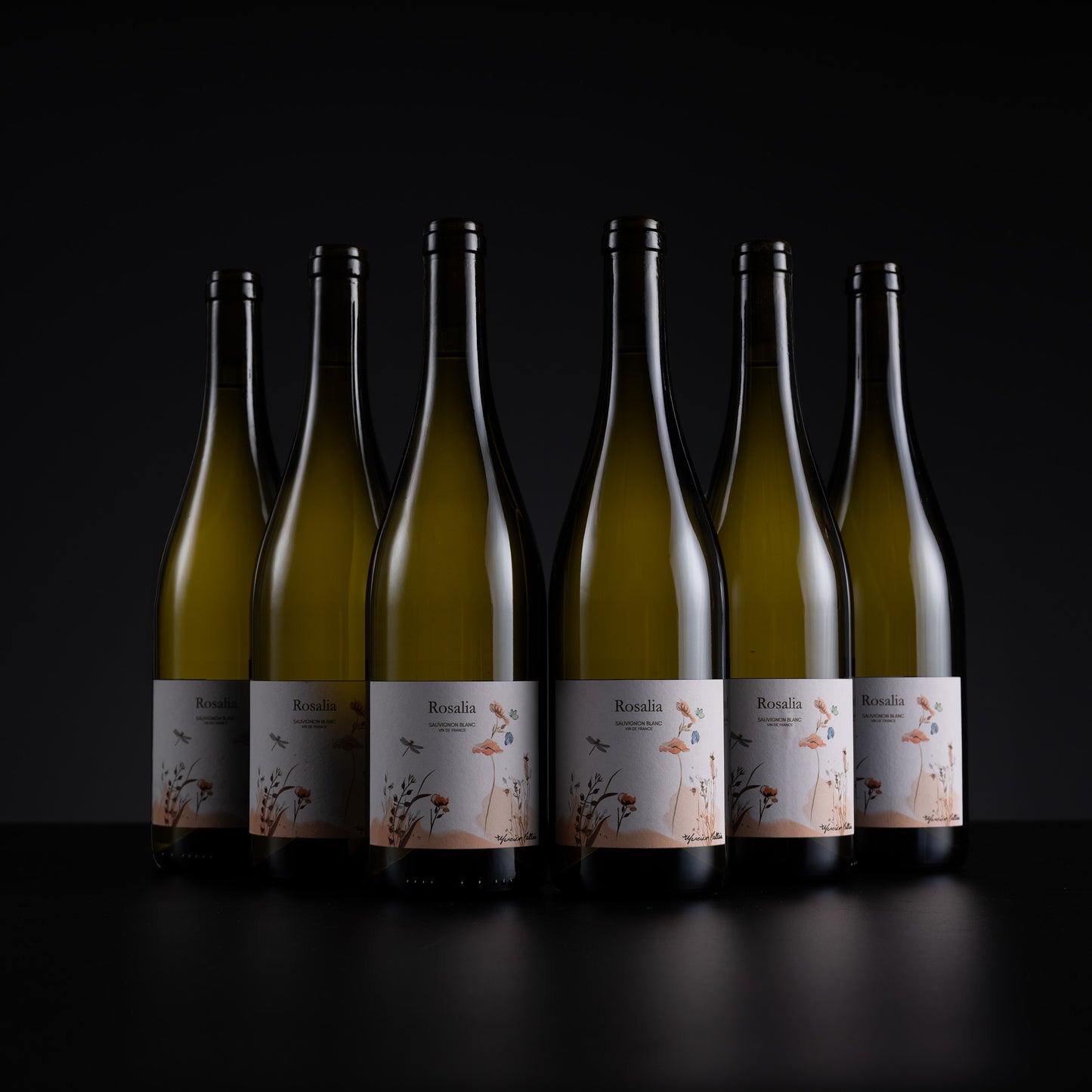Six glass wine bottles with white labels featuring a delicate pink and orange bird illustration, arranged in a row against a dark black background.
