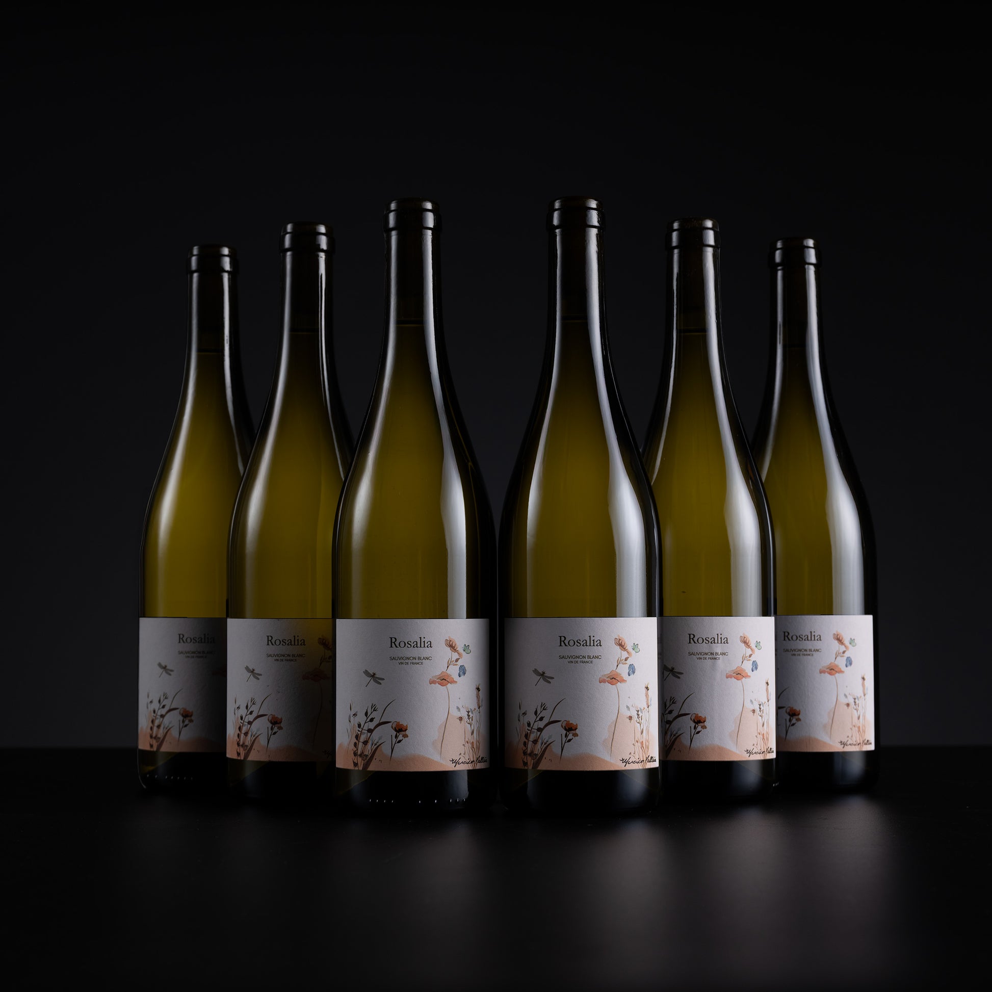 Six glass wine bottles with white labels featuring a delicate pink and orange bird illustration, arranged in a row against a dark black background.