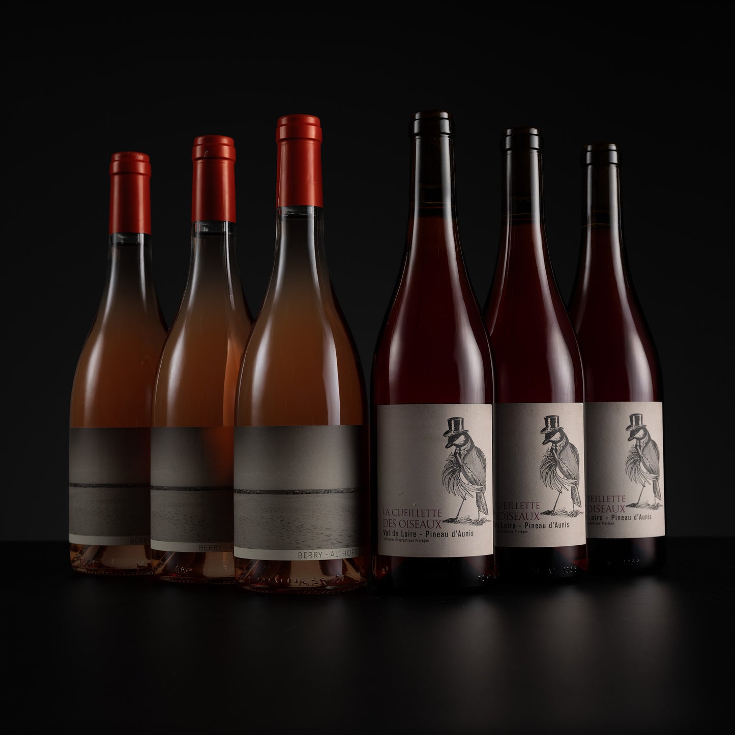 Six wine bottles arranged in a row on a black surface against a black background. The bottles contain rosé ginese and pinot noir wines, with three bottles showing amber-gold liquid, two showing deep red-brown, and one showing a pale pinkish-amber.