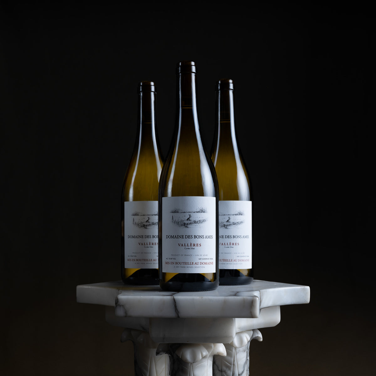 Three bottles of Domaine des Rosiers Vallée-Rouge white wine displayed on a white marble pedestal against a dark background.