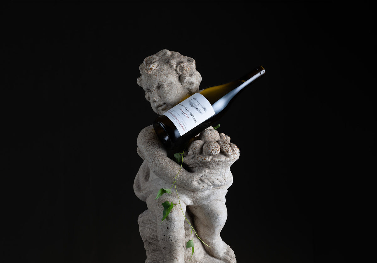 A dark wine bottle with a white label rests against a stone cherub statue, with small green ivy vines draped over the sculpture, set against a solid black background.