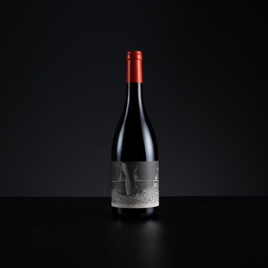 A single dark wine bottle with a red foil capsule and a grayscale label, standing centered on a black surface against a dark background.